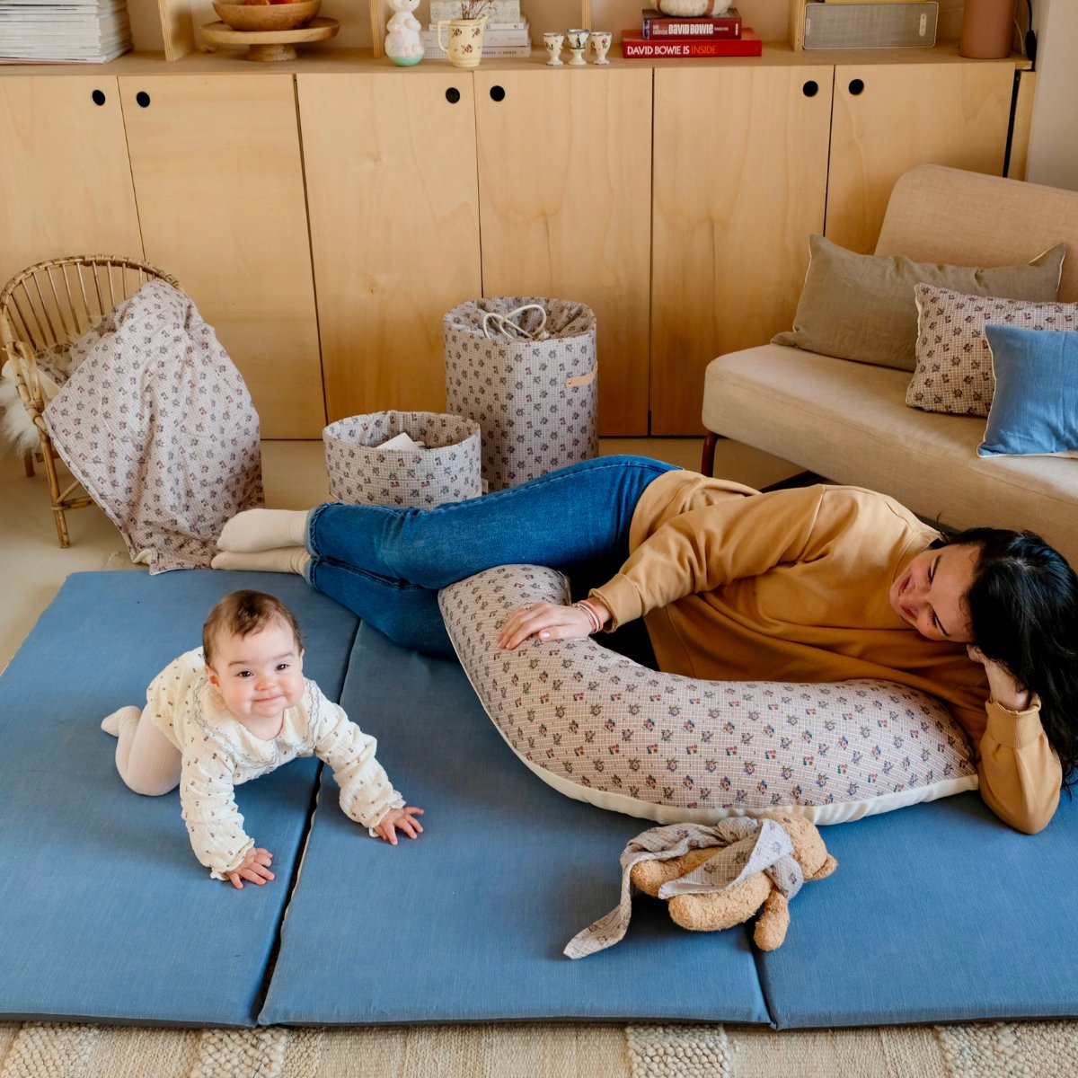 extension for XXL large format baby and child activity, motor skills and play mat, plain denim blue