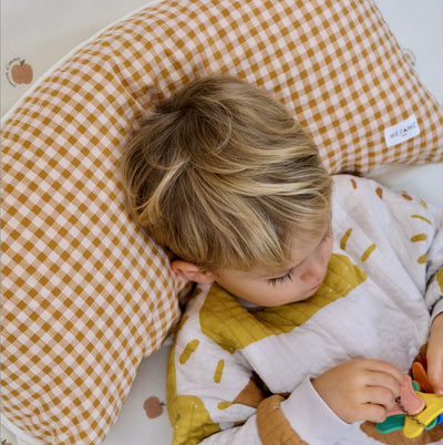 super soft baby, child and parent gingham cushion caramel 