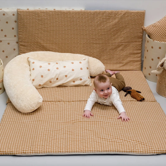 Krabbeldecke Spiel- und Motorikmatte Baby Kind Vichy Farbe Caramel Großes Format 
