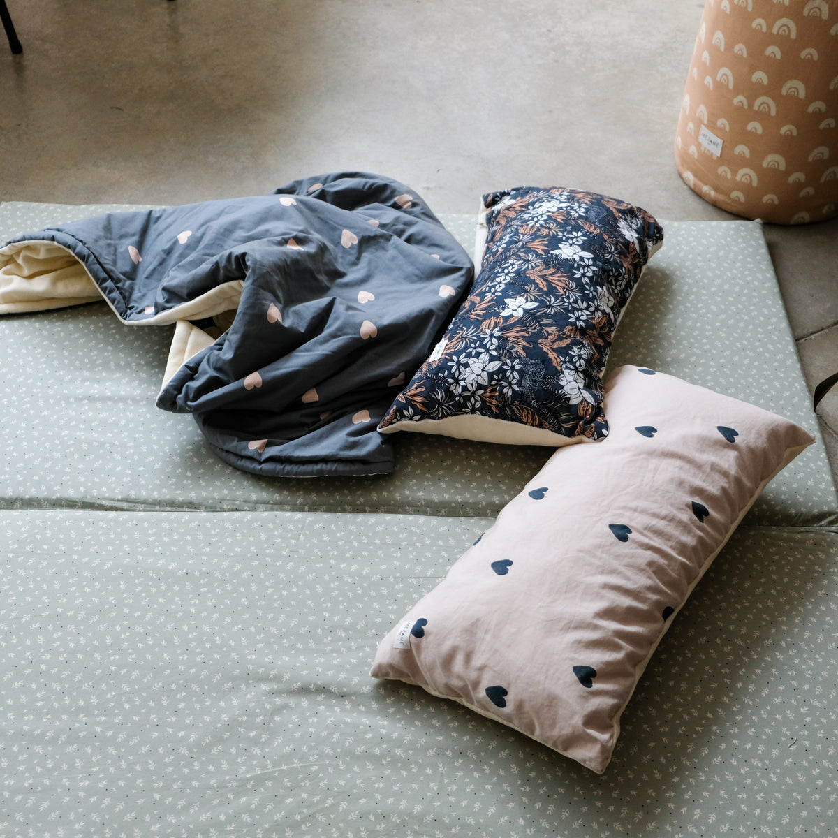 organic cotton cushion with blanket plaid play mat motor skills pattern